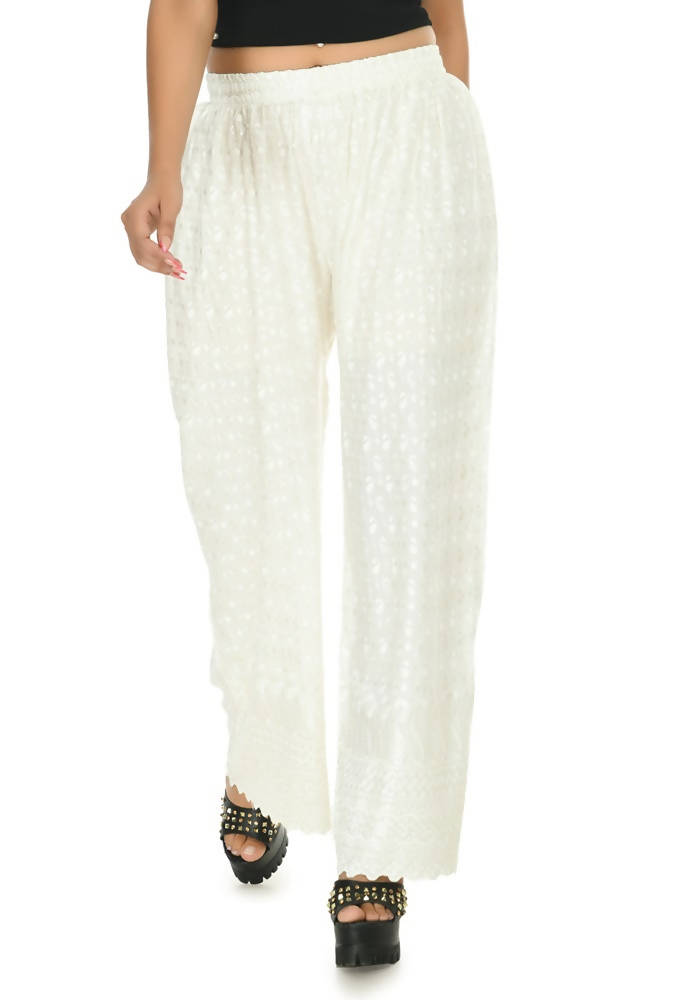 Mominos Fashion Moeza Reyon Cotton White Color Chikan Work Palazzo