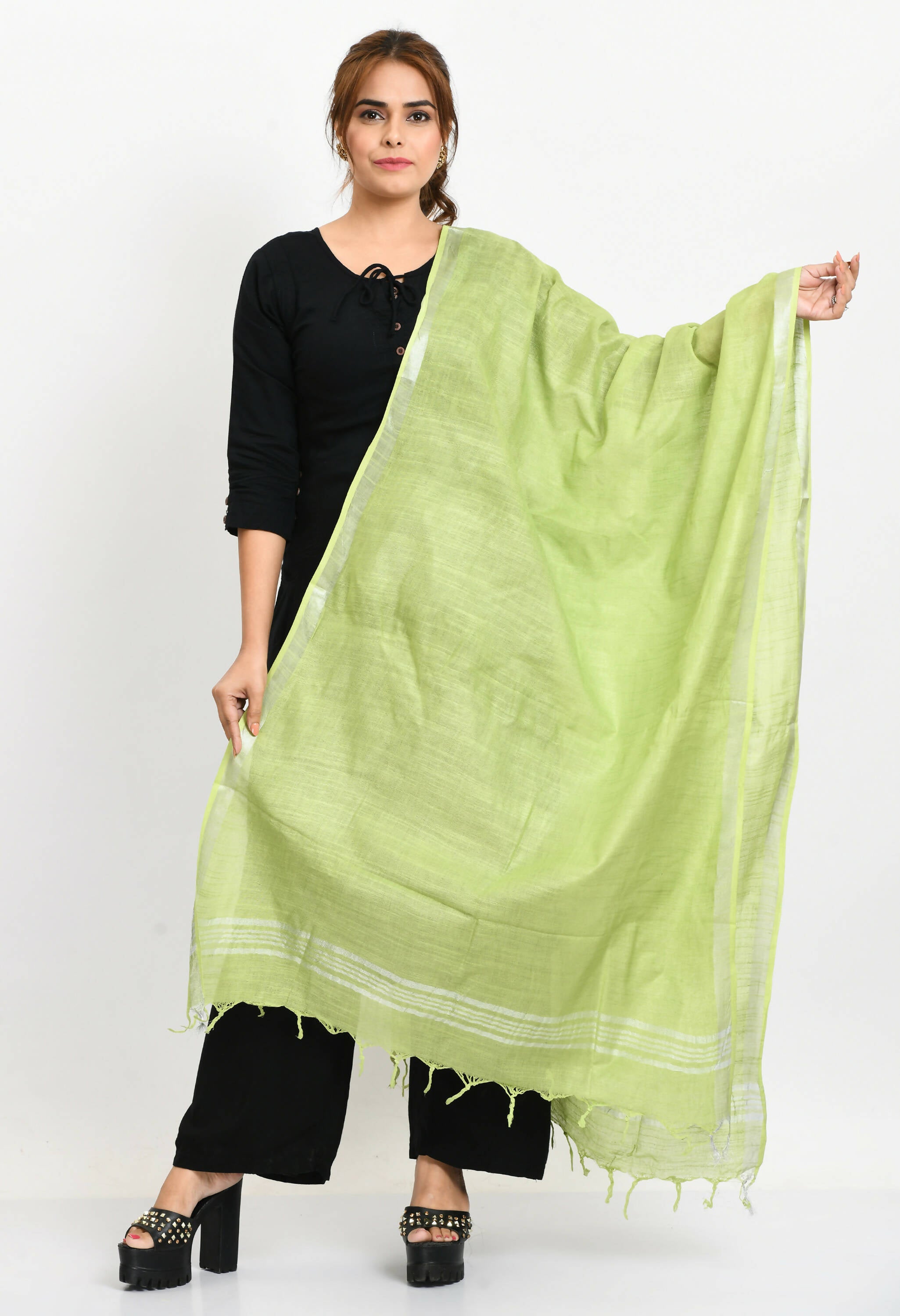 Mominos Fashion Moeza Women's Linen Cotton Silver Border Parrot Green Dupatta - Distacart