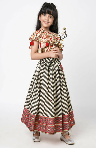 Lil Drama Chromatic Fusion Girls Black & White Stripe Hand Embroidery Lehanga Choli - Distacart