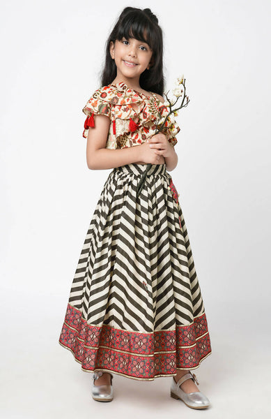 Lil Drama Chromatic Fusion Girls Black & White Stripe Hand Embroidery Lehanga Choli - Distacart
