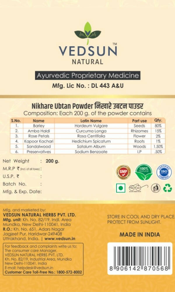 Vedsun Naturals Nikhare Ubtan Powder for Face and Skin - Distacart