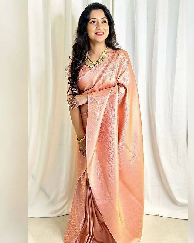DEIANA'S Beautiful Golden Jari with New Design Soft Lichi Silk Saree - Peach - Distacart