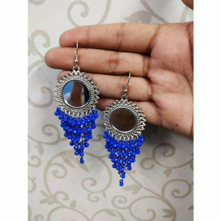 Round Mirror Silver Color Design Hanging Blue Pearls Earrings