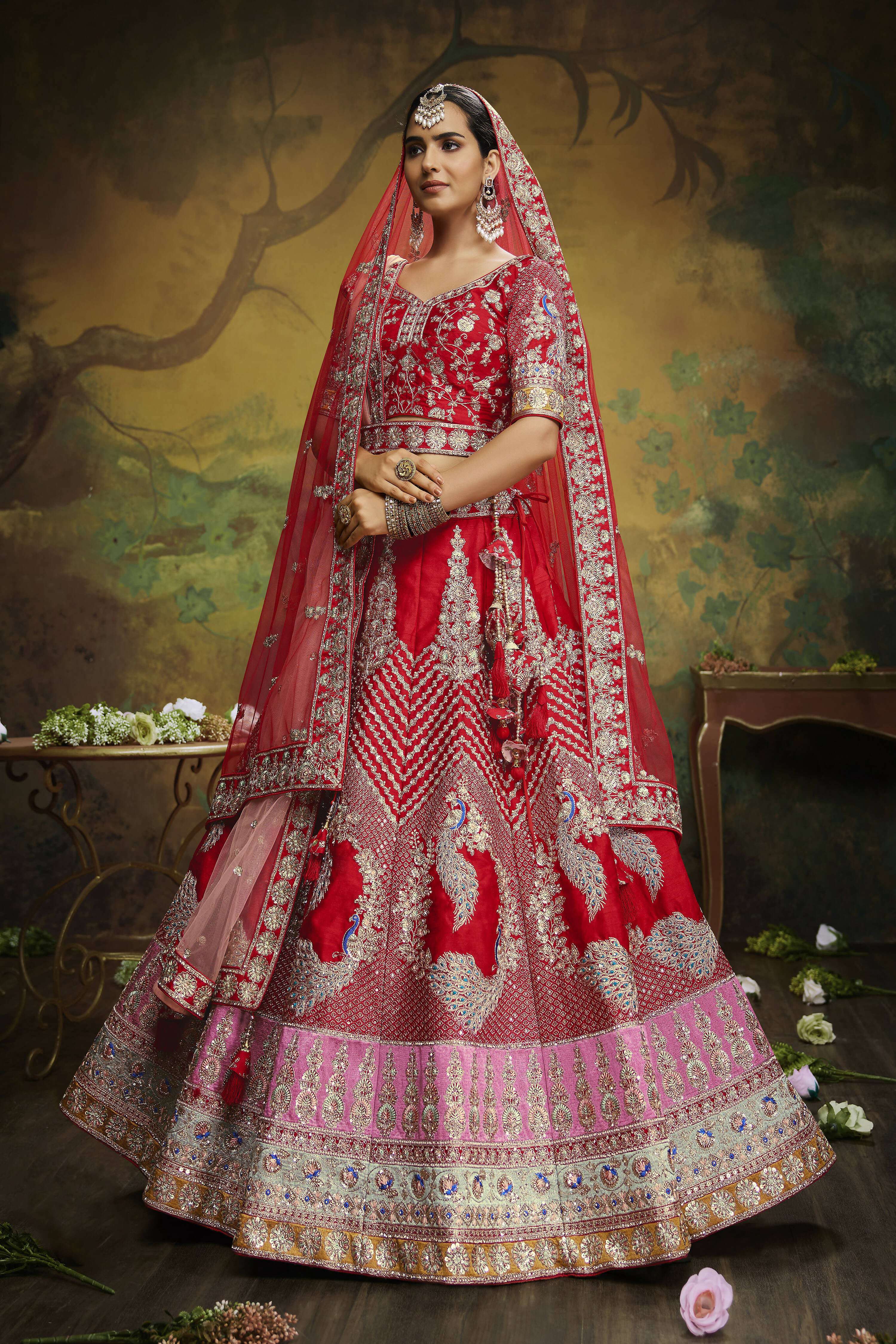 House of Panchhi Red Pure Silk Moti & Zarkan heavy embroidery Lehenga choli & Dupatta - Distacart