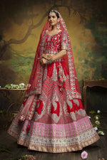 Thumbnail for House of Panchhi Red Pure Silk Moti & Zarkan heavy embroidery Lehenga choli & Dupatta - Distacart
