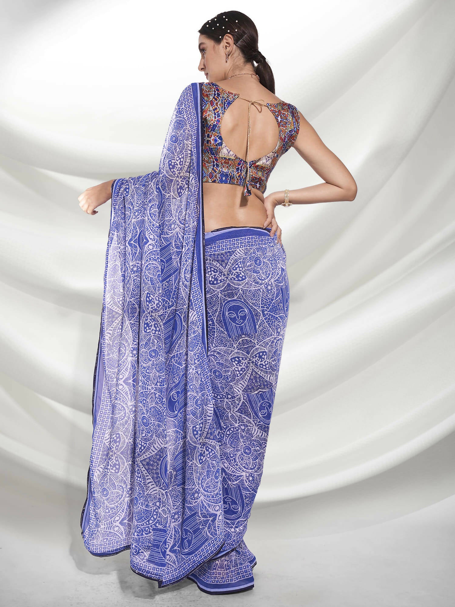 Blue Georgette Floral Printed Saree With Unstitched Blouse Piece - Rajal - Distacart