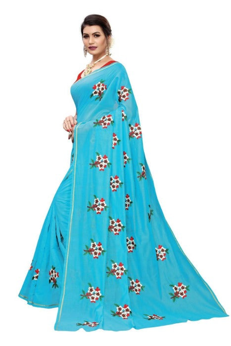 Vamika Chanderi Cotton Embroidery Sky Blue Saree (MOGRA SKYBLUE)