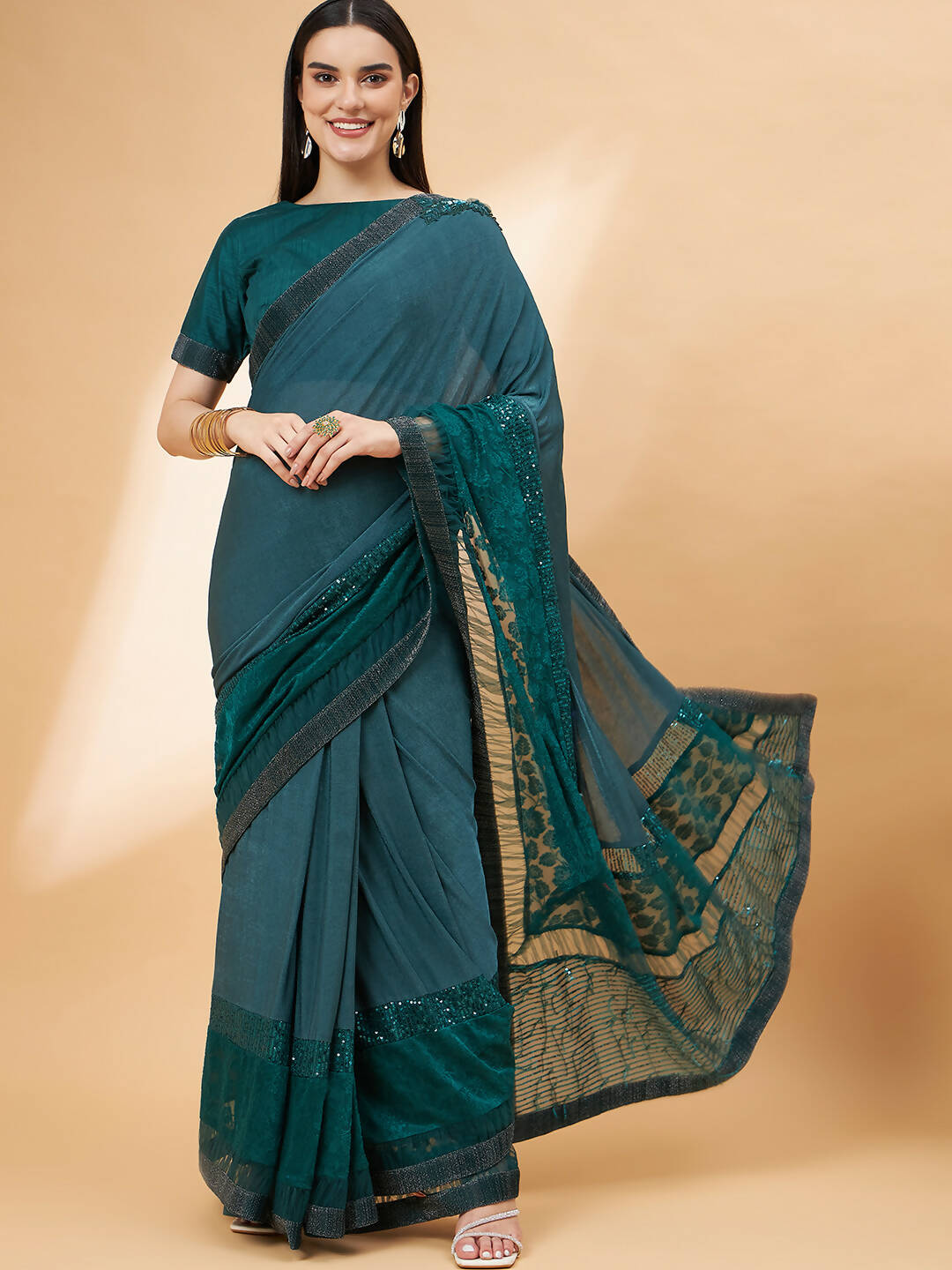 Green Lycra Flock Work, Seuqins Embroidery, Handwork Shoulder Butta Saree - Norita Hit Design - Distacart
