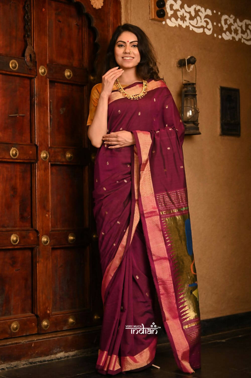 Very Much Indian Handloom Pure Cotton Paithani With Handwoven Pallu - Wine - Distacart