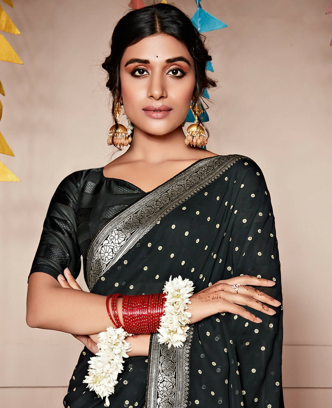 Black Georgette Foil Printed Saree With Unstitched Blouse Piece - Nitya - Distacart