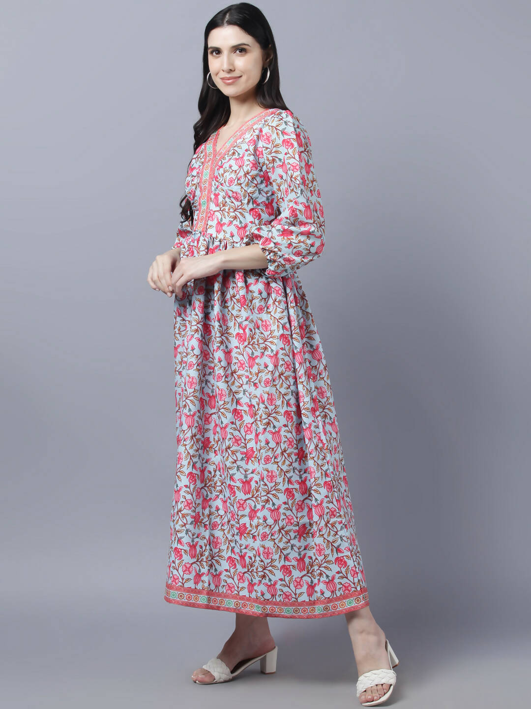 Myshka Women Red Printed Pure Cotton Maxi Dress - Distacart