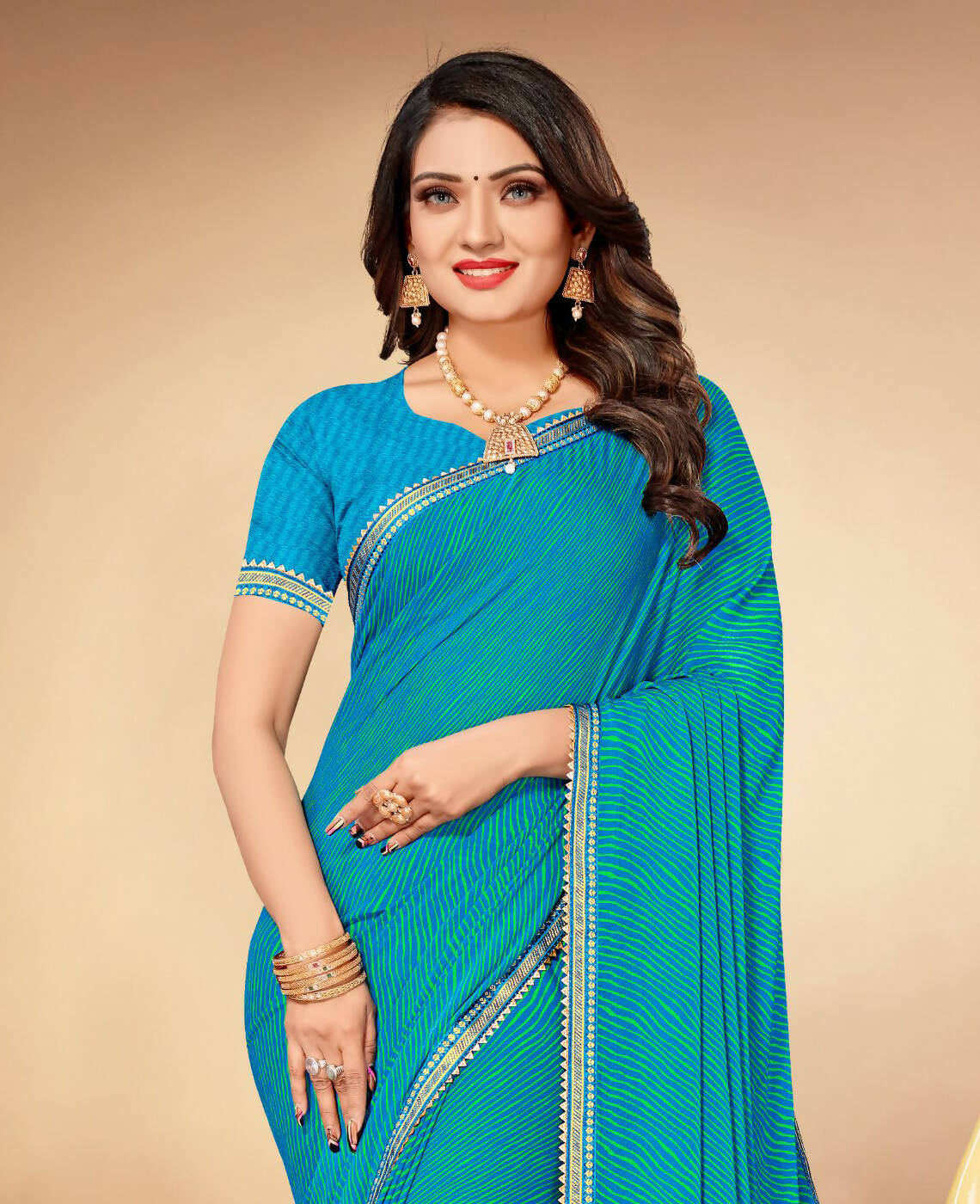 Sky Blue Chiffon Leheriya Printed Saree With Unstitched Blouse Piece - Swarna - Distacart