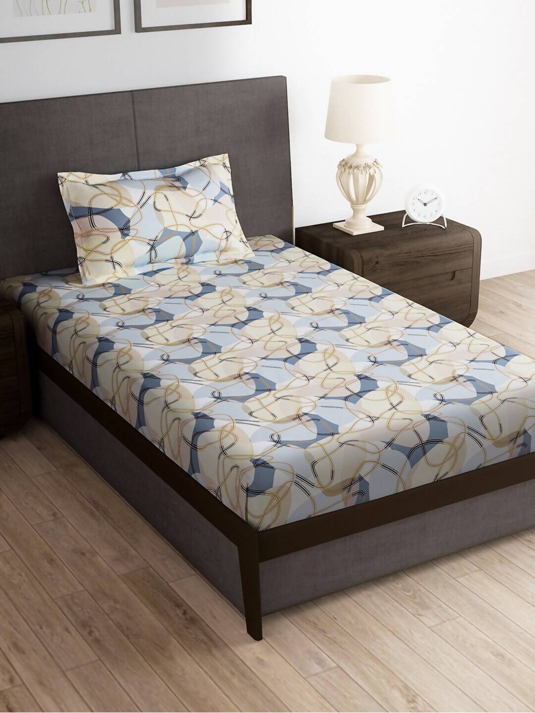 Story@home Arena Cream-Coloured & Grey Printed 180 TC Bedsheet & Pillow Covers - Distacart