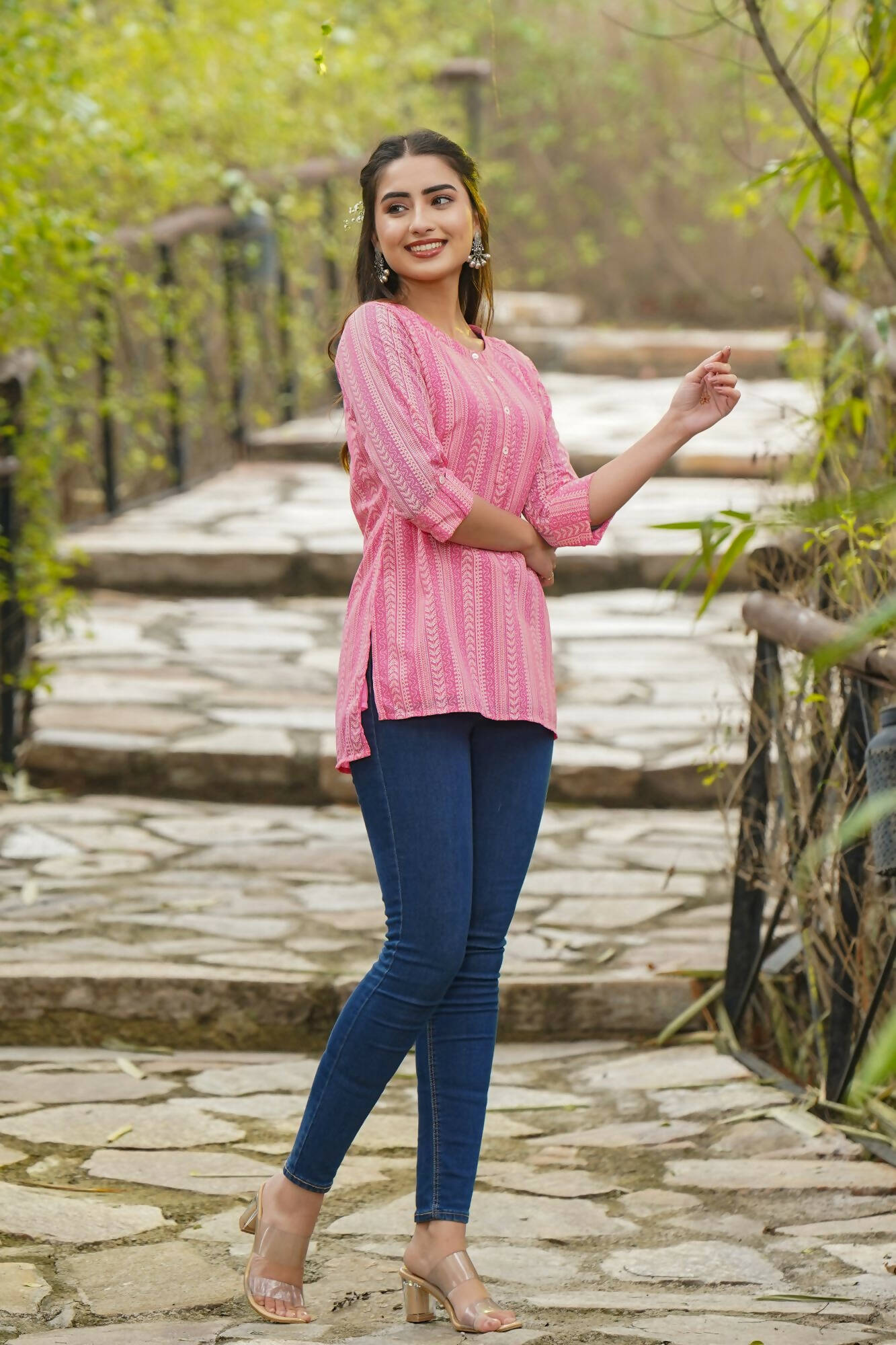 Juniper Women Pink Georgette Printed High-Low Tunic - Distacart