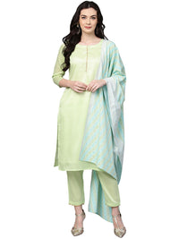 Thumbnail for Ahalyaa Women's Sea Green Cotton Blend Solid Kurta Trouser Set With Dupatta