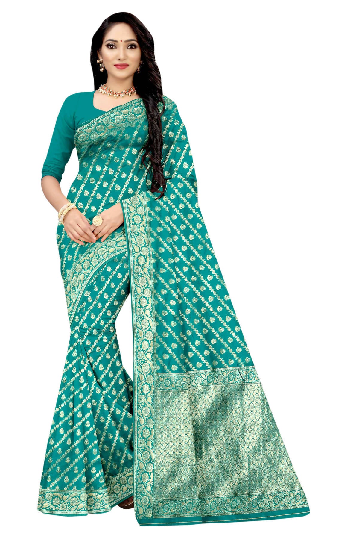 Vamika Weaving Banarasi Jacquard Rama Green Saree - Distacart