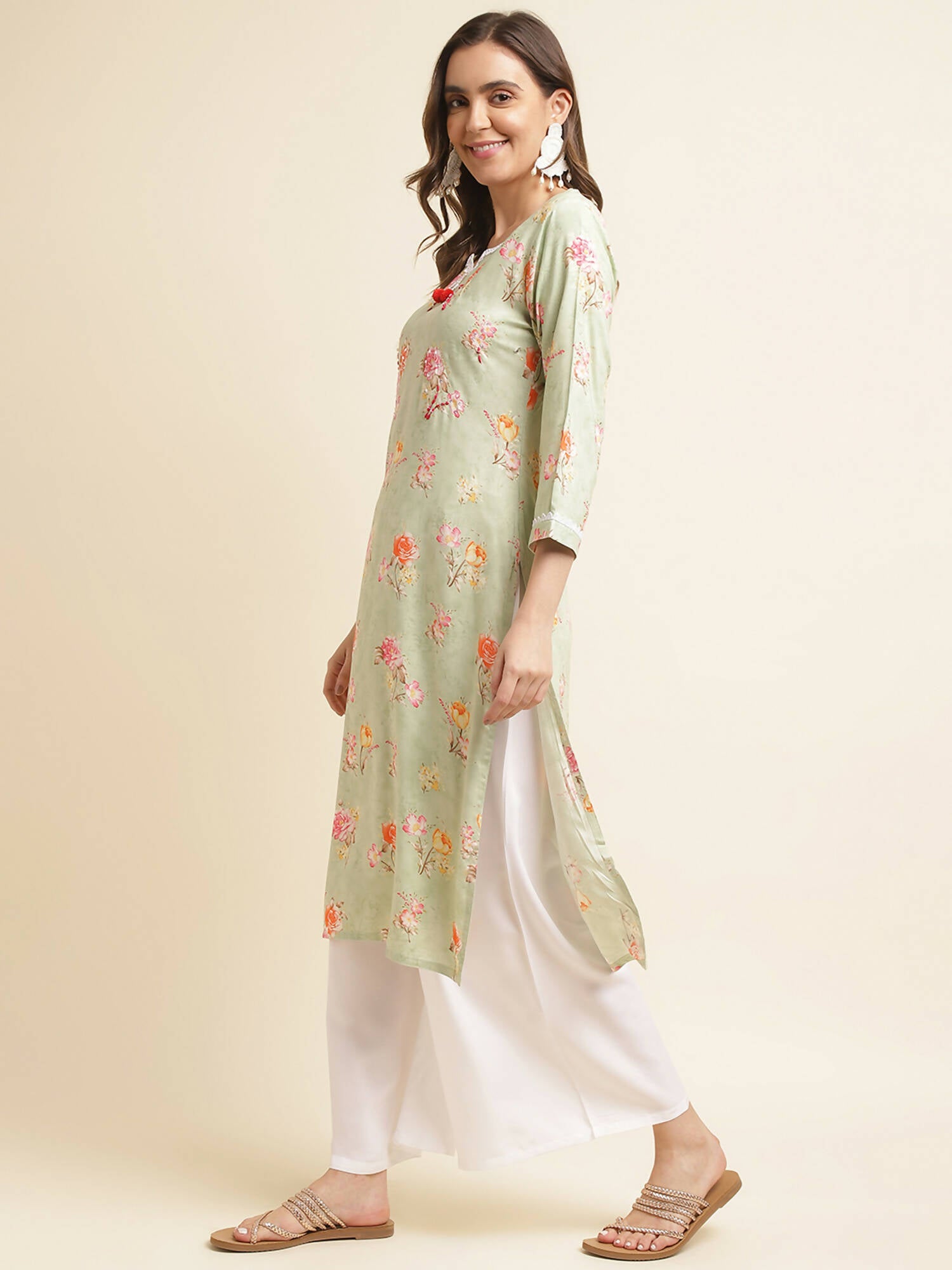 Green Poly Rayon Floral Printed Straight Kurta - Prasuti - Distacart