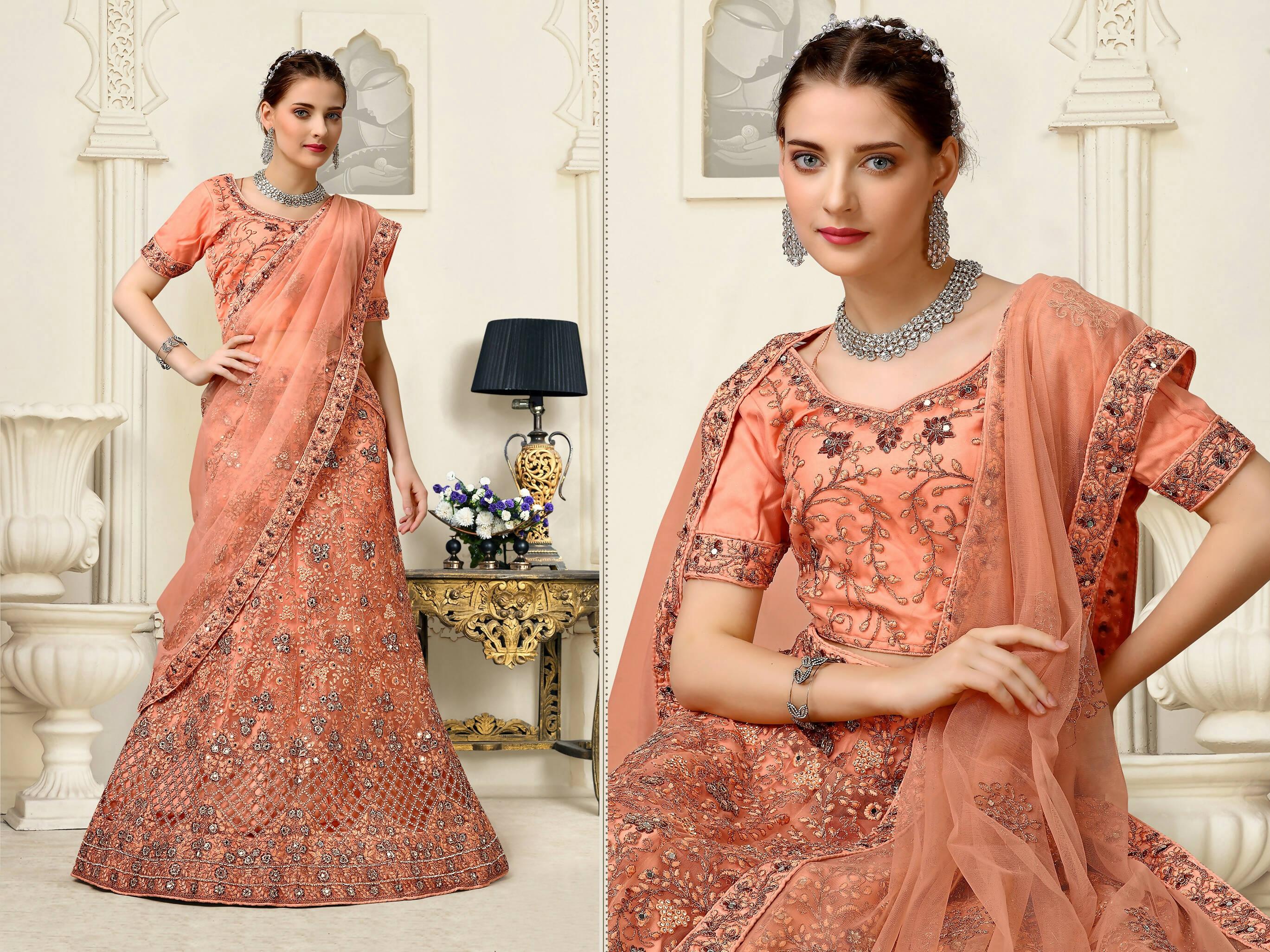 Orange Net Fancy Zari Embroidered work Lehenga Choli with Dupatta - Heer - Distacart