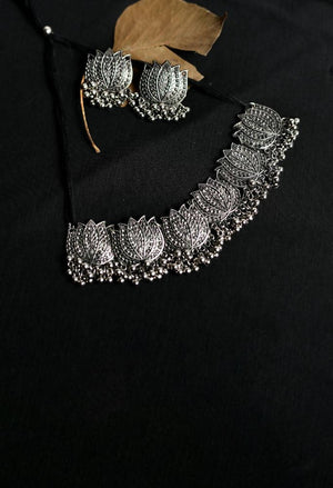 Tehzeeb Creations Silver Colour Oxidised Necklace And Earring With Lotus Design