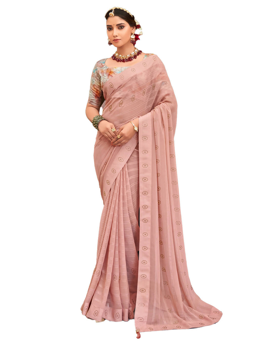Peach Georgette Swaroski Work Saree With Unstitched Blouse Piece - Juhi - Distacart