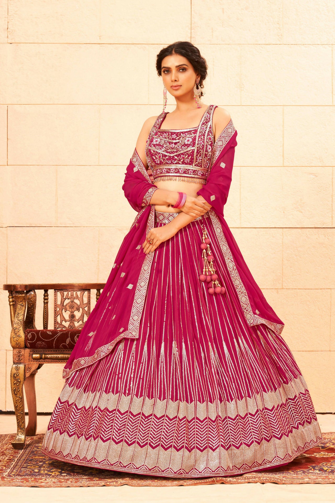 Pink Faux Georgette Embroidery sequence work Lehenga Choli with Dupatta - Dhvani - Distacart