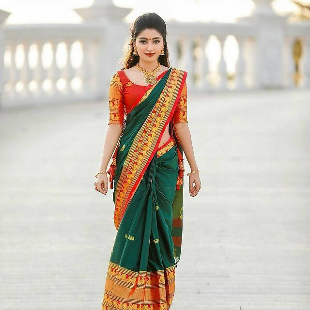 DEIANA'S Beautiful Golden Jari with New Design Soft Lichi Silk Saree - Green - Distacart