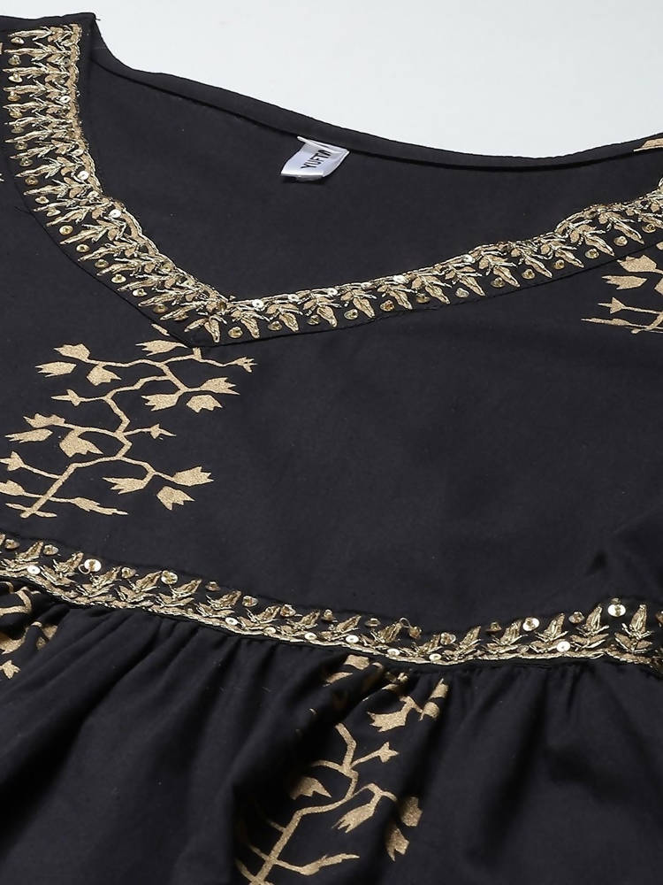 Yufta Women Black Printed Kurta with Sharara & With Dupatta