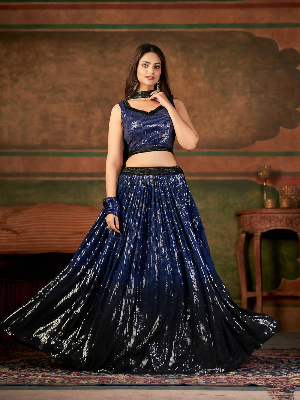Wedding Designer Navy Blue Nylon Georgette Readymadelehenga Choli - Anbazaar - Distacart