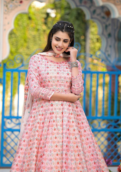 Functional Designer Off White-Light Pink Dola Silk Anarkali suit with Dupatta - Ramya - Distacart