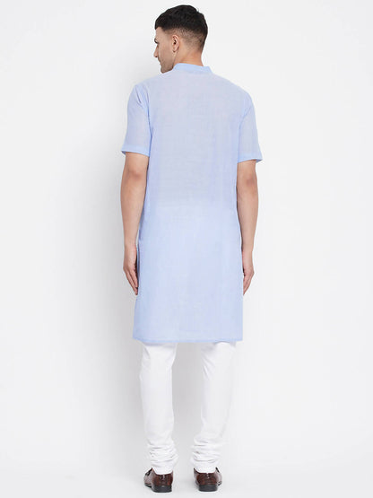 Even Apparels Blue Pure Cotton Men's H/S Kurta With Band Collar - Distacart