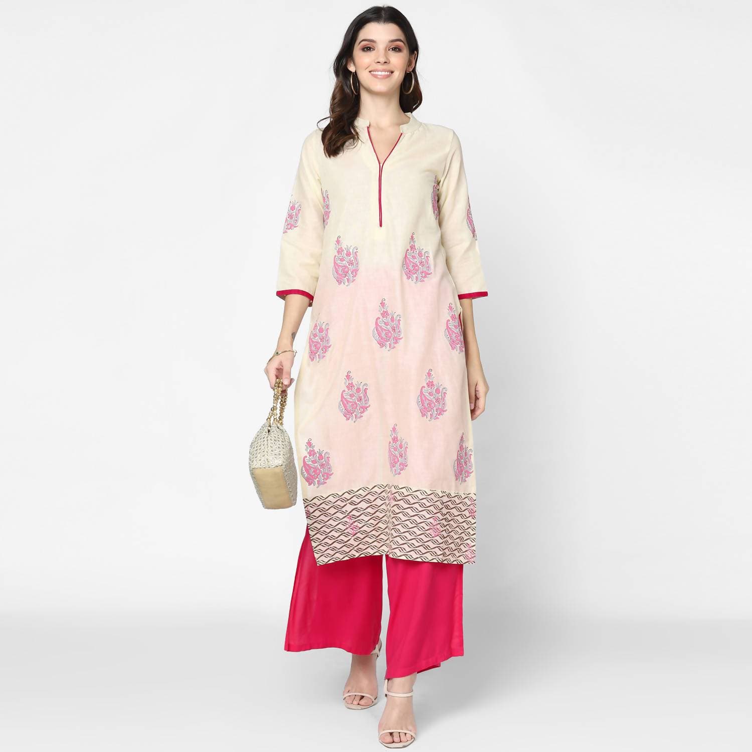 Cheera Hand Block Print Cream & Magenta Straight Kurta With Palazzo (MAAI-087K)
