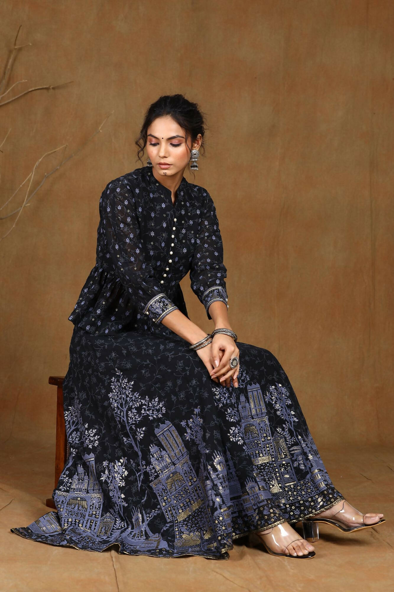 Juniper Women Black Georgette Printed Flared Lehenga Choli Sets - Distacart
