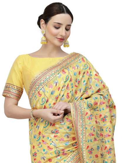 Yellow Silk Blend Woven Design Saree With Unstitched Blouse Piece - Aloki - Distacart