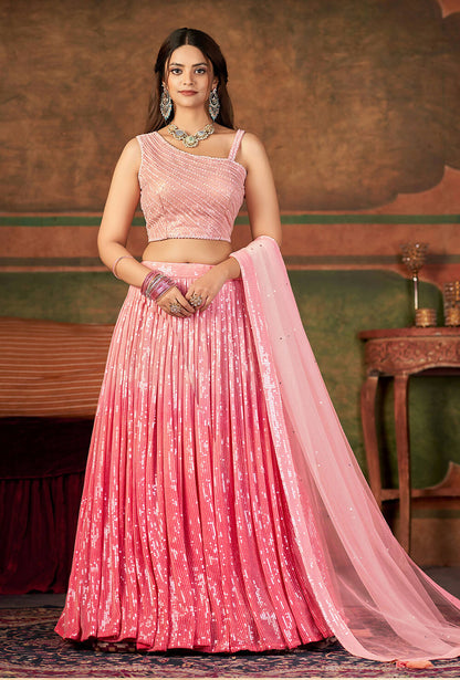 Wedding Designer Pink Nylon Georgette Readymade Lehenga Choli - Anbazaar - Distacart