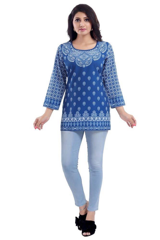 Snehal Creations Royal Blue Faux Crepe Short Kurti Tunic Top