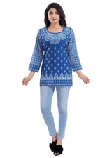 Thumbnail for Snehal Creations Royal Blue Faux Crepe Short Kurti Tunic Top