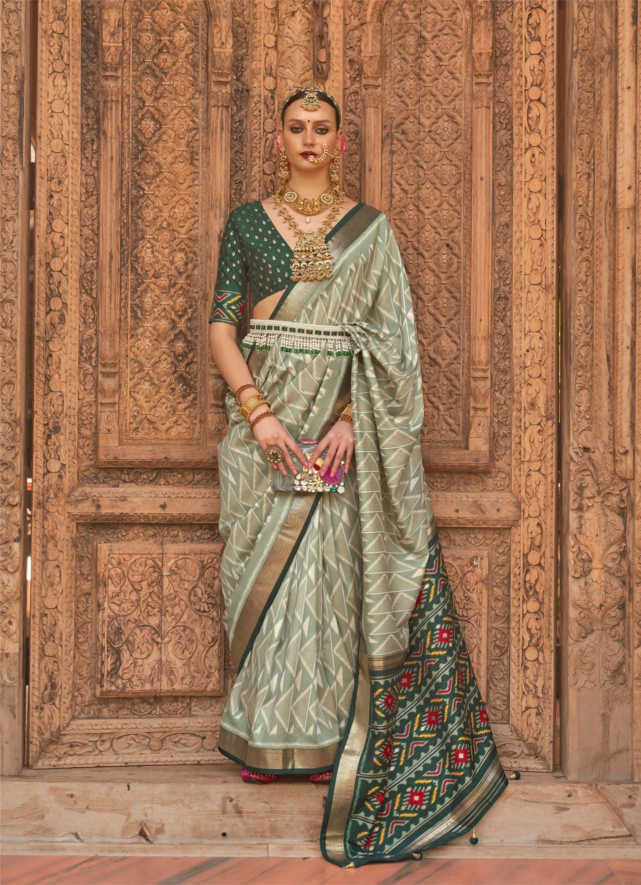 Light Green Silk Geometric Printed Saree With Unstitched Blouse Piece - Aanchal - Distacart