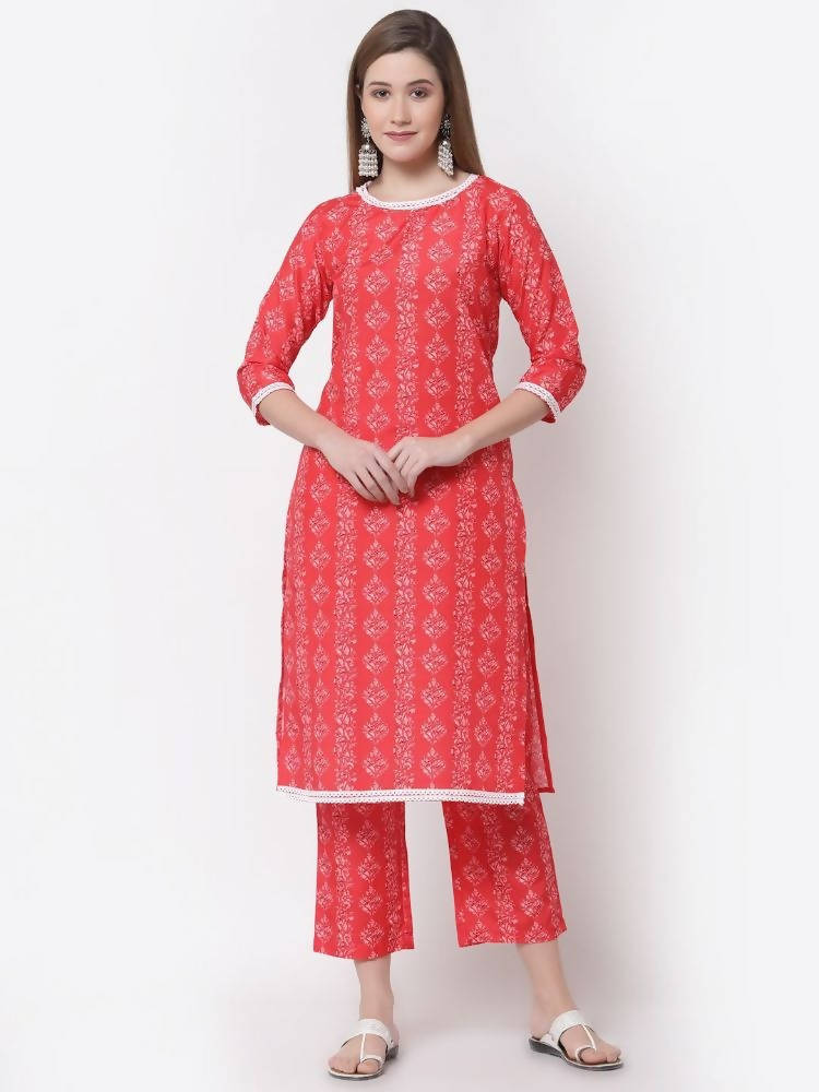 Myshka Red Color Cotton Printed Kurta With Pant Dupatta Set