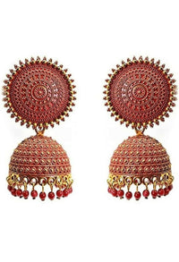 Thumbnail for Mominos Fashion Joharkamal Gold-Plated Meenakari Jhumkas For Women & Girls (Red) - Distacart