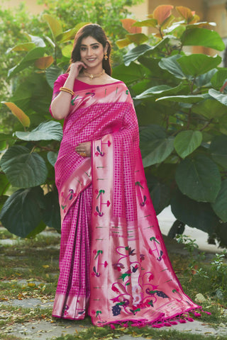 Vishnu Weaves Women's Pink Paithani Silk Minakari Zari Woven Saree with Unstitched Blouse - Distacart