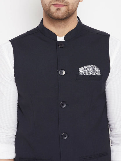 Even Apparels Navy Merino Men's Nehru Jacket-Contrast Lining-Inbuilt Pocket Square - Distacart
