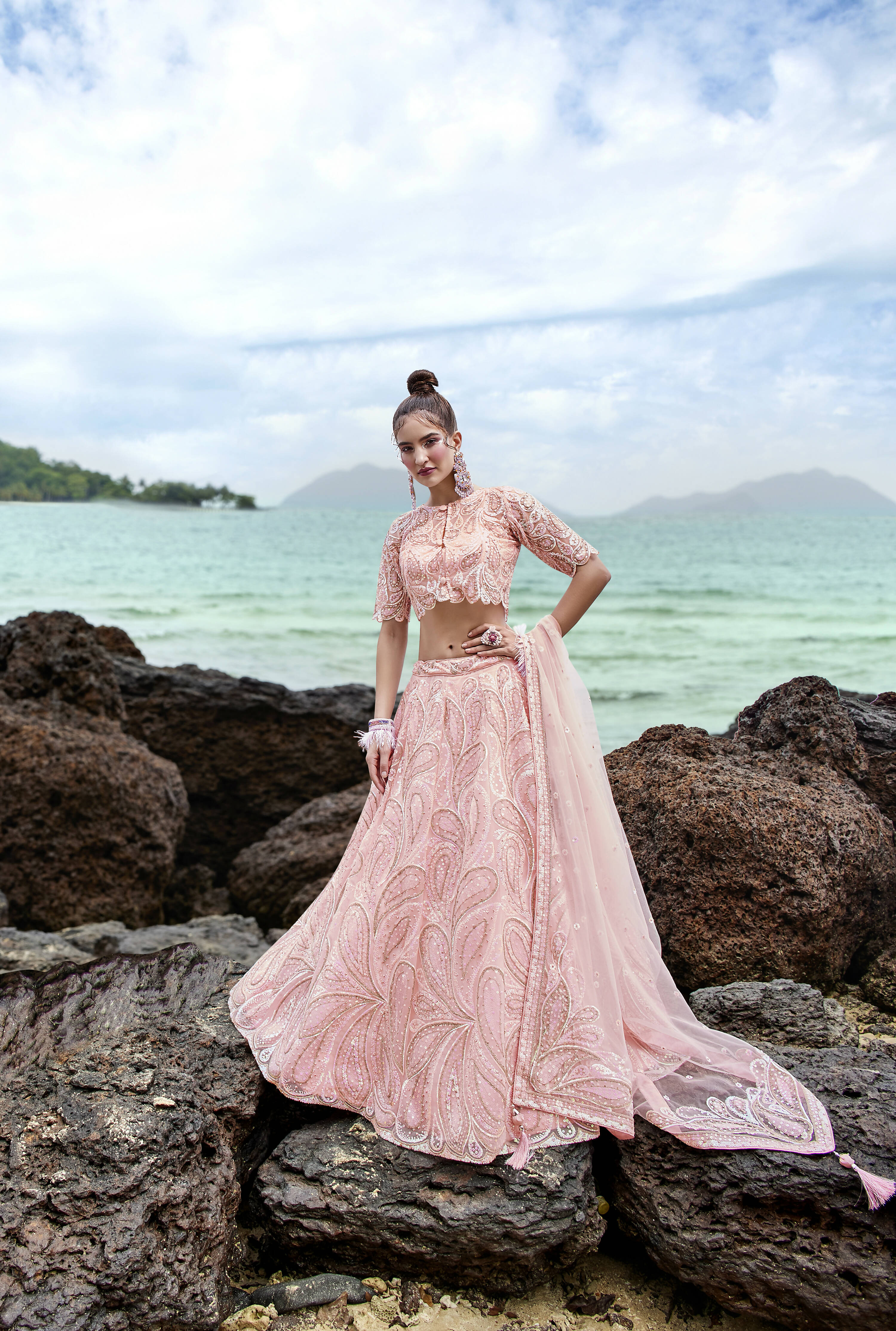 House of Panchhi Coral Net Multi Sequins with heavy Zarkan embroidery Lehenga choli & Dupatta - Distacart