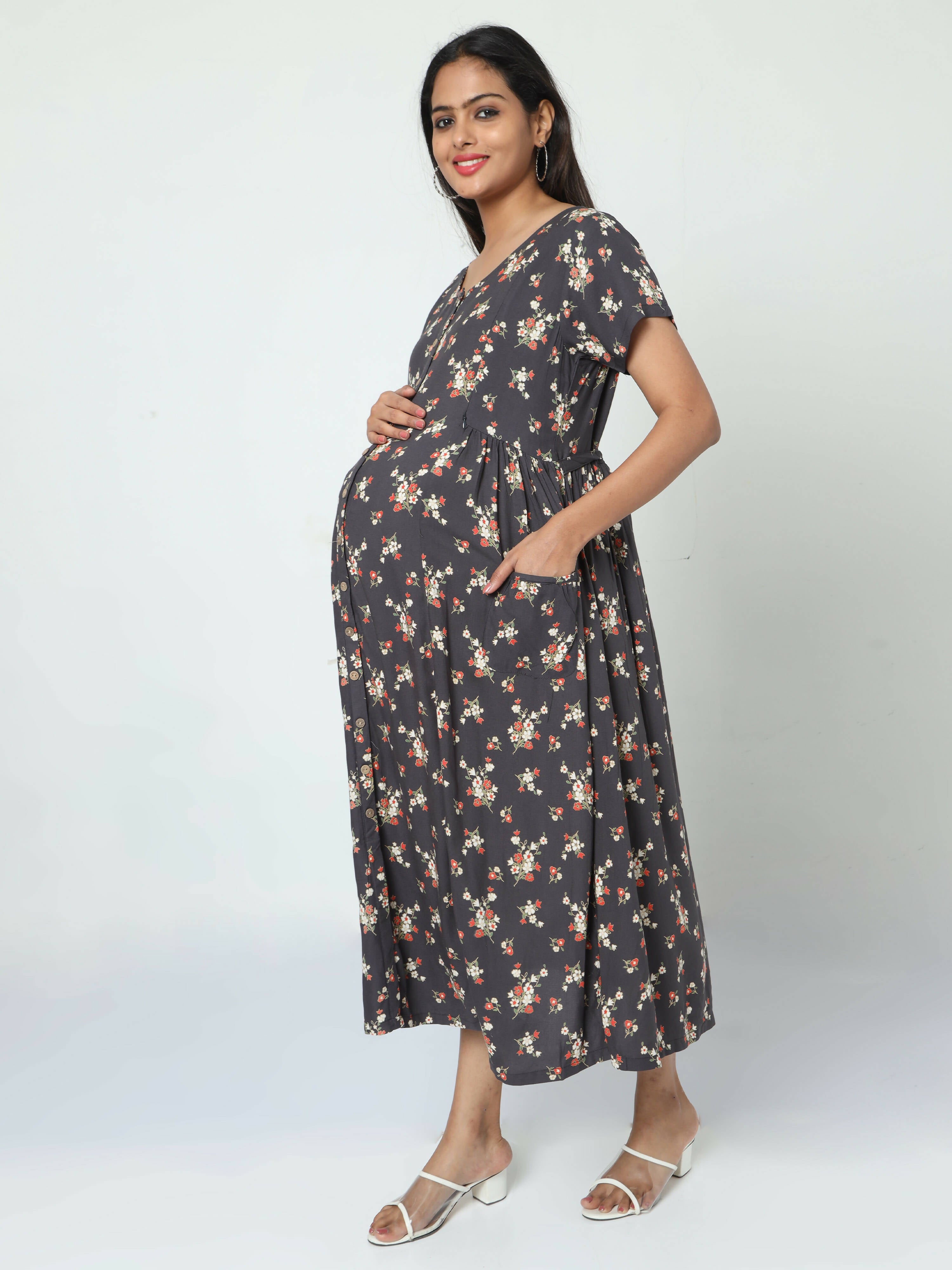 Manet Short Sleeves Maternity Dress Floral Print With Concealed Zipper Nursing Access - Navy Blue - Distacart