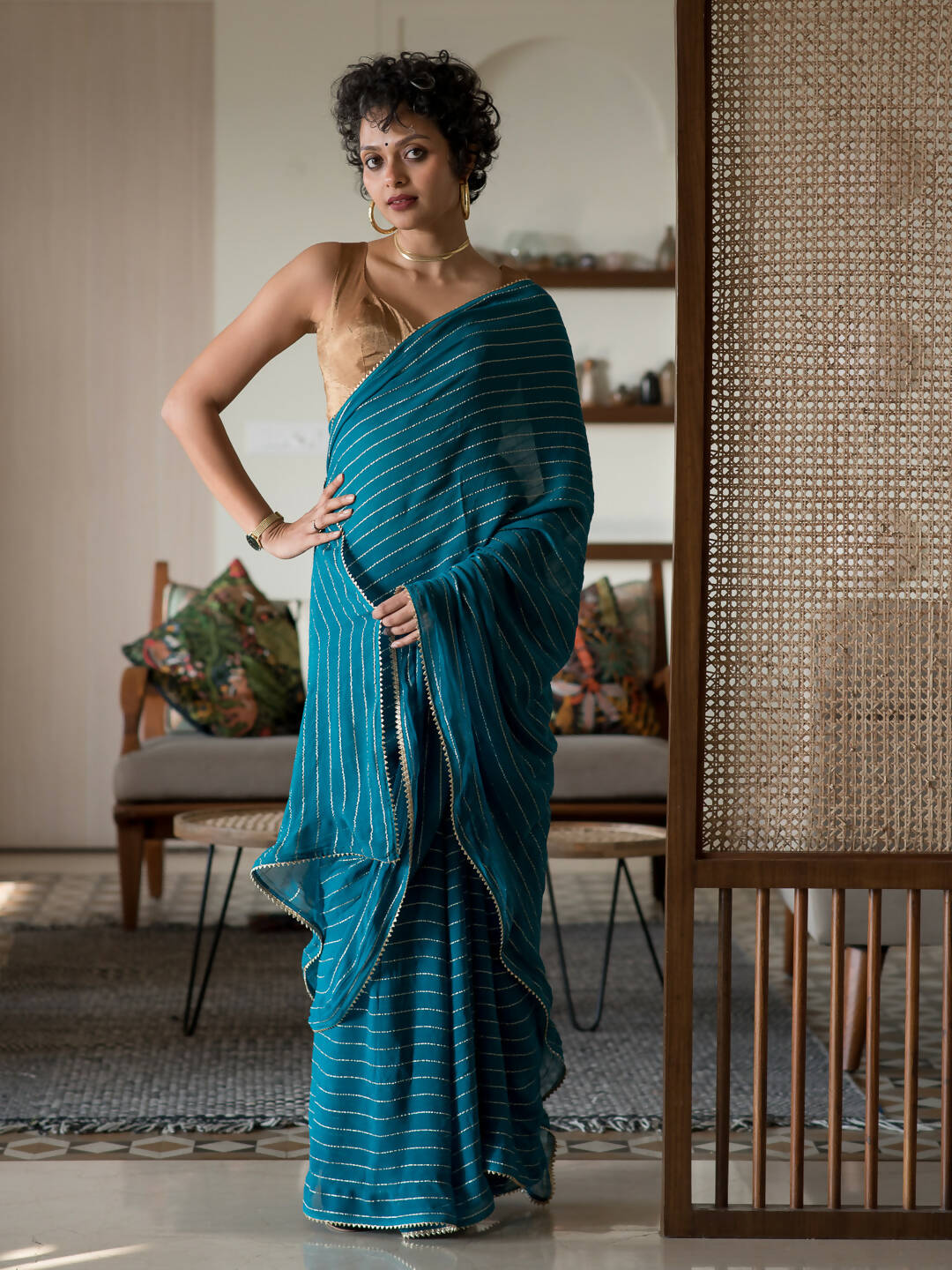 Suta Turquoise Blue Striped Viscose Rayon Saree - Distacart