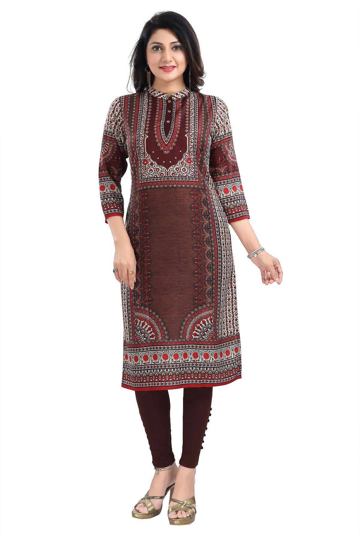 Snehal Creations Beautiful Brown Digital Print Masleen Long Kurti Tunic - Distacart