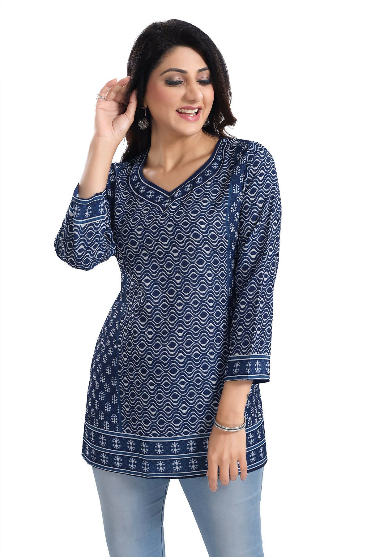 Snehal Creations Bright Indigo Summer Cool Printed Short Kurti Tunic - Distacart