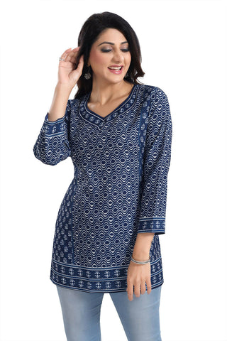 Snehal Creations Bright Indigo Summer Cool Printed Short Kurti Tunic - Distacart