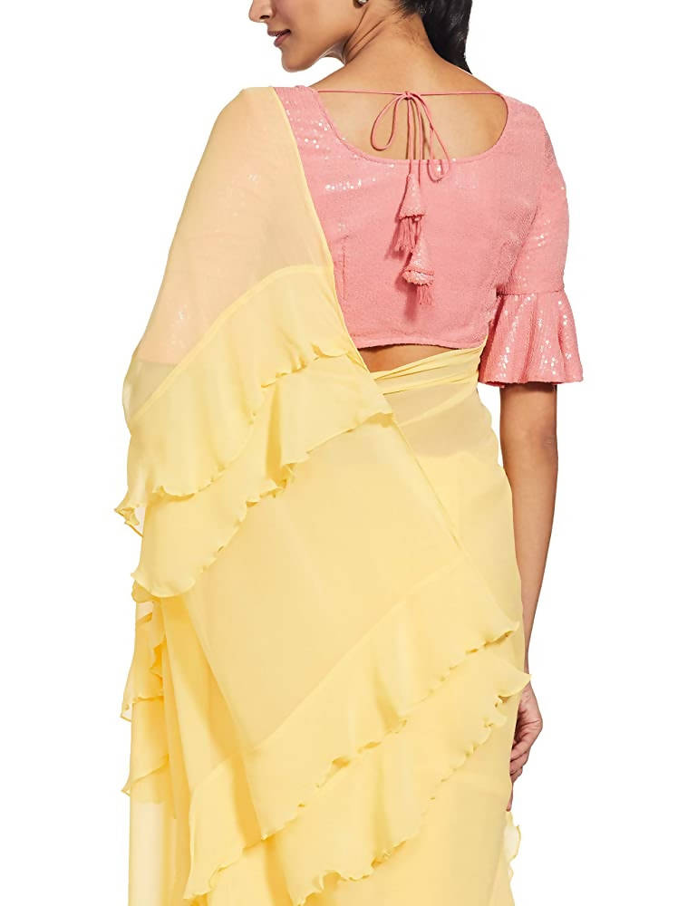 River Suneet Varma Designer Golden Haze Georgette Saree with Ruffle Detailing & Sequin Blouse Piece