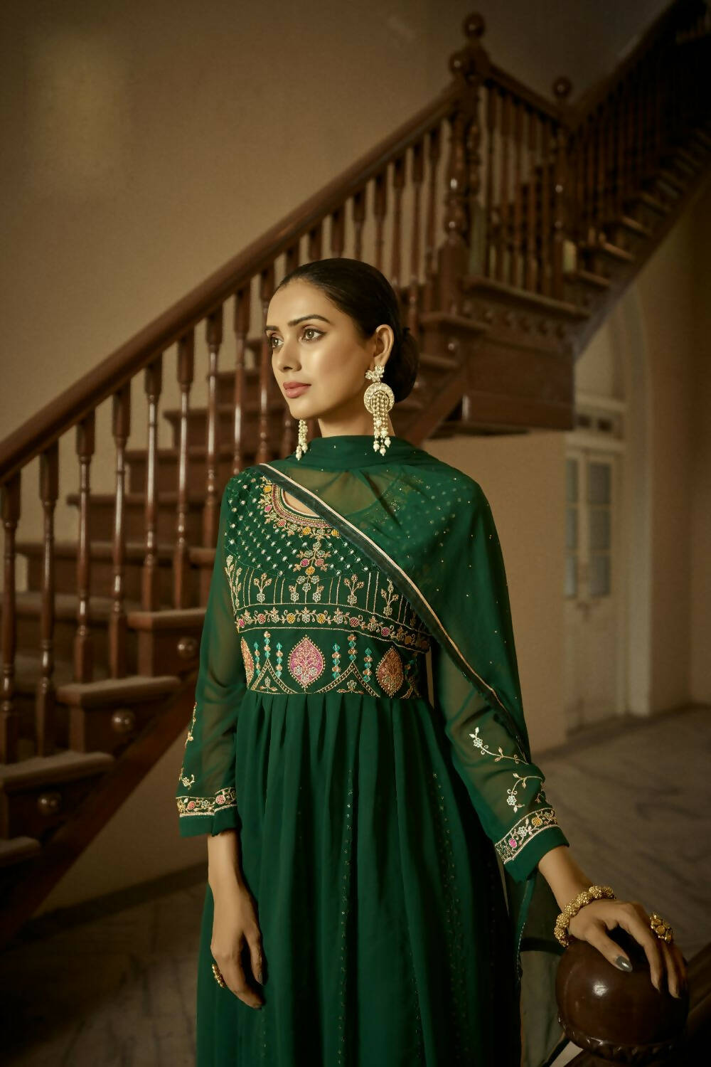 Green Heavy Faux Georgette Anarkali Embroidered Kurta Set - Dhvani - Distacart