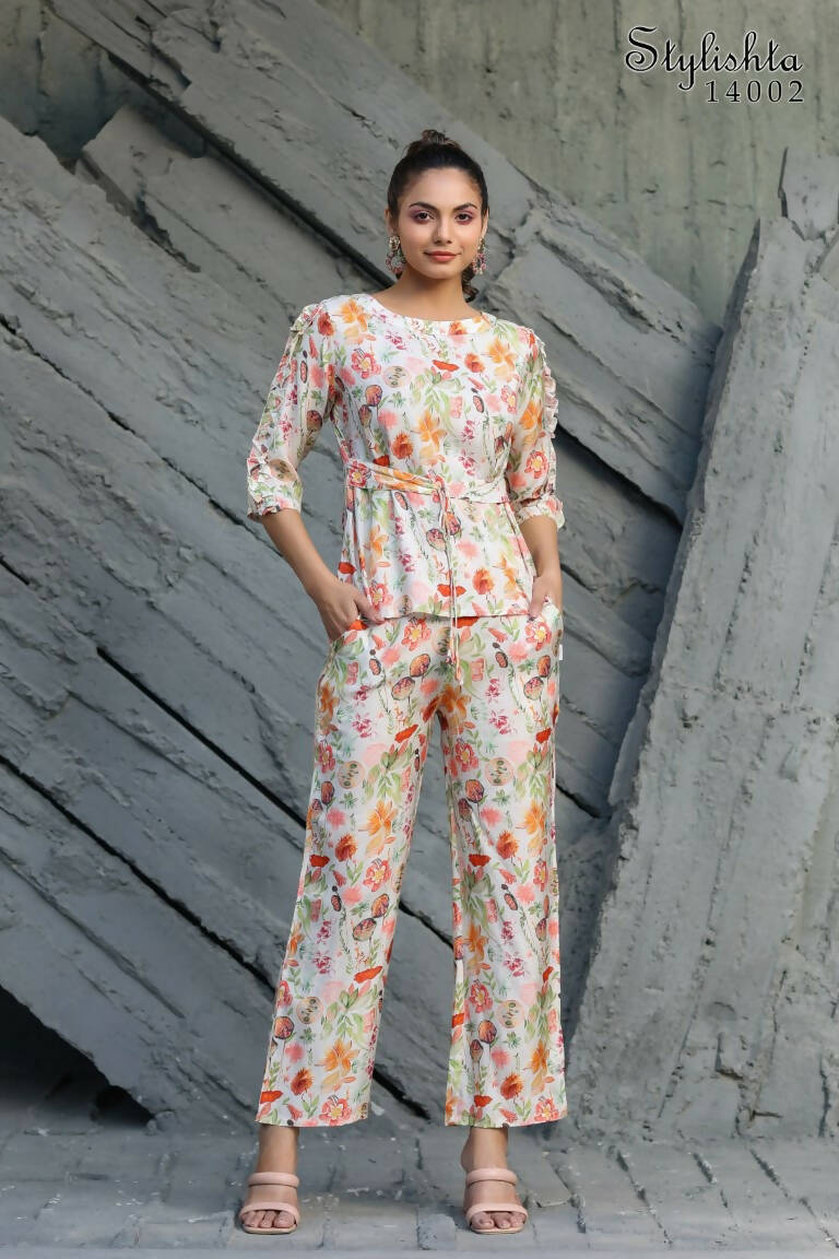 Women's Partywear Designer White & Multi Muslin co-ord set - Stylishta - Distacart
